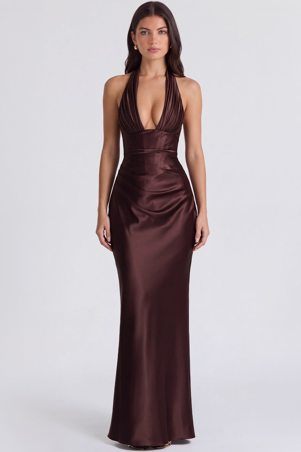 Vestido Longo Acetinado Noémie - Marrom