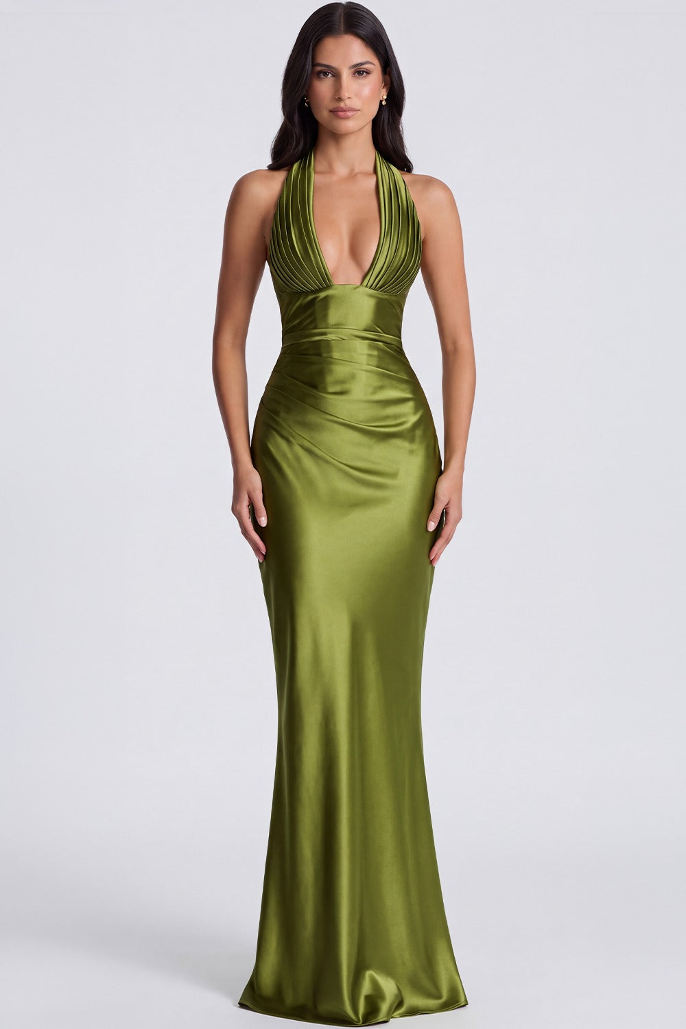 Vestido Longo Acetinado Noémie - Verde Oliva