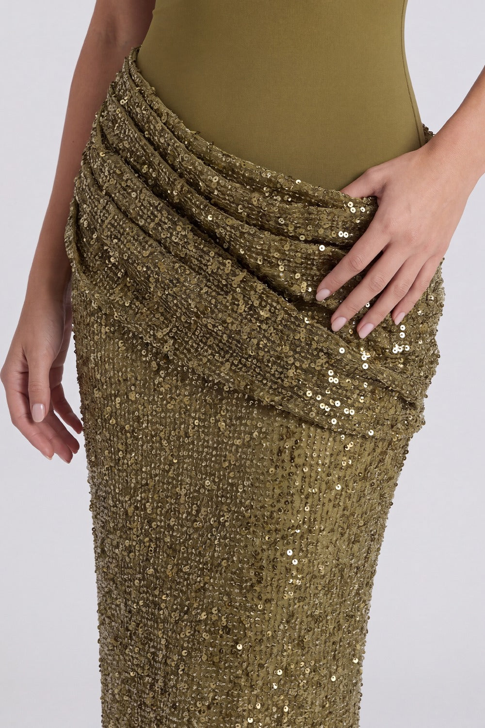 Vestido Longo Paetê Romy - Verde Oliva