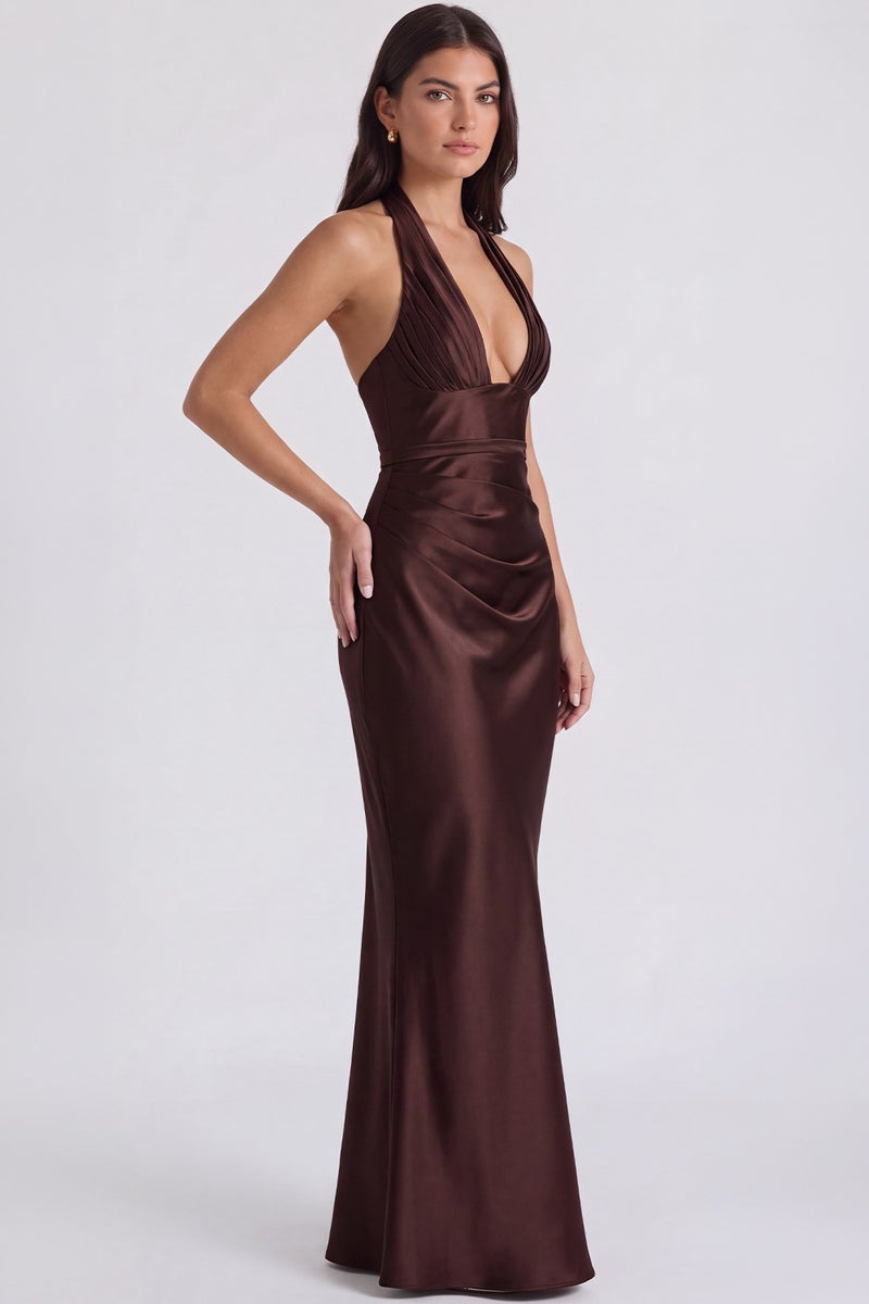 Vestido Longo Acetinado Noémie - Marrom