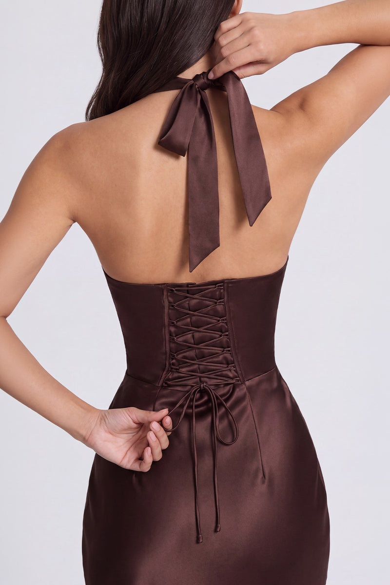 Vestido Longo Acetinado Noémie - Marrom