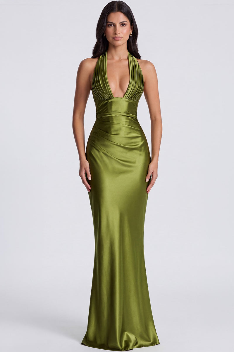 Vestido Longo Acetinado Noémie - Verde Oliva