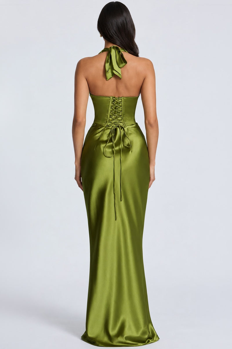 Vestido Longo Acetinado Noémie - Verde Oliva