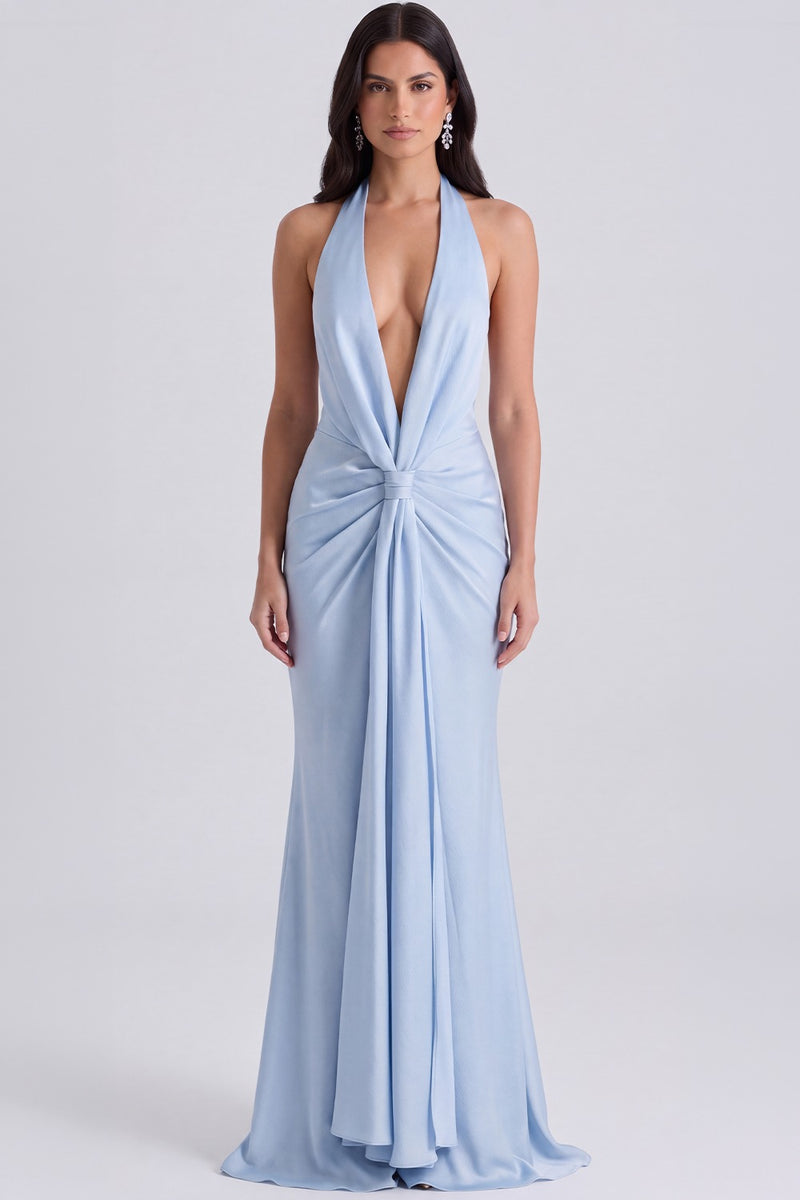Vestido Longo Frente Única Inès - Azul Claro