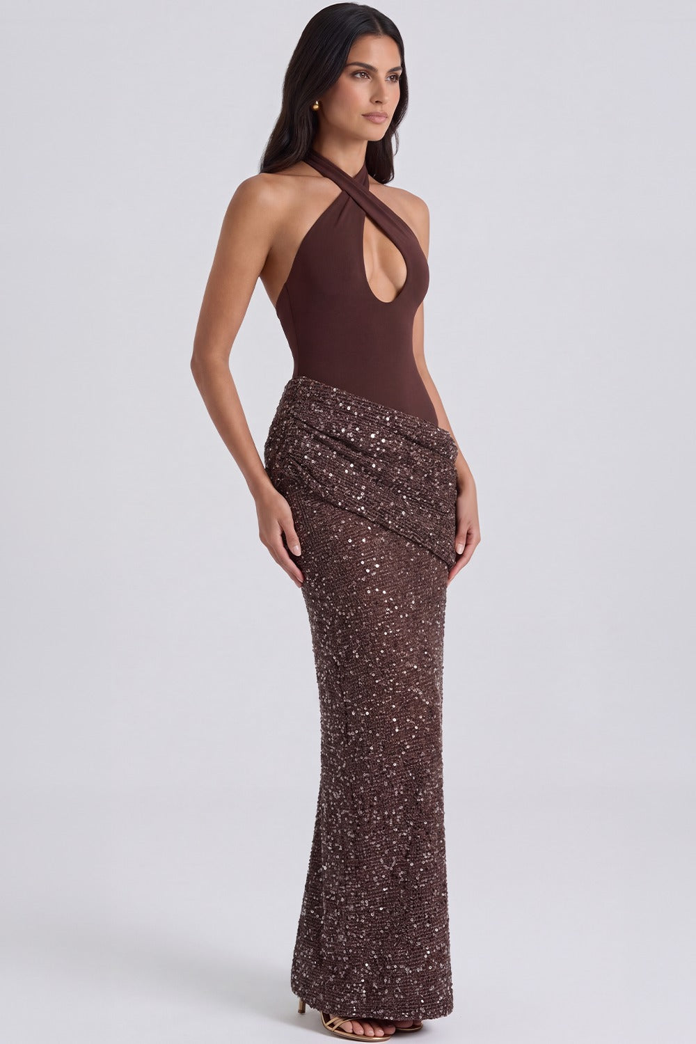 Vestido Longo Paetê Romy - Marrom