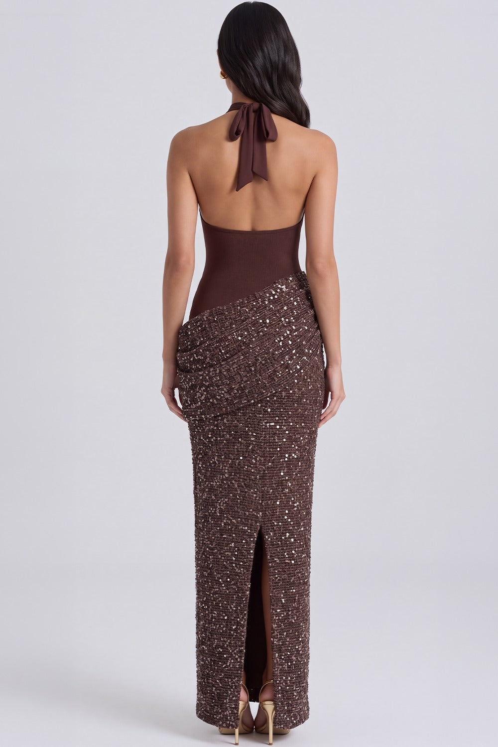 Vestido Longo Paetê Romy - Marrom