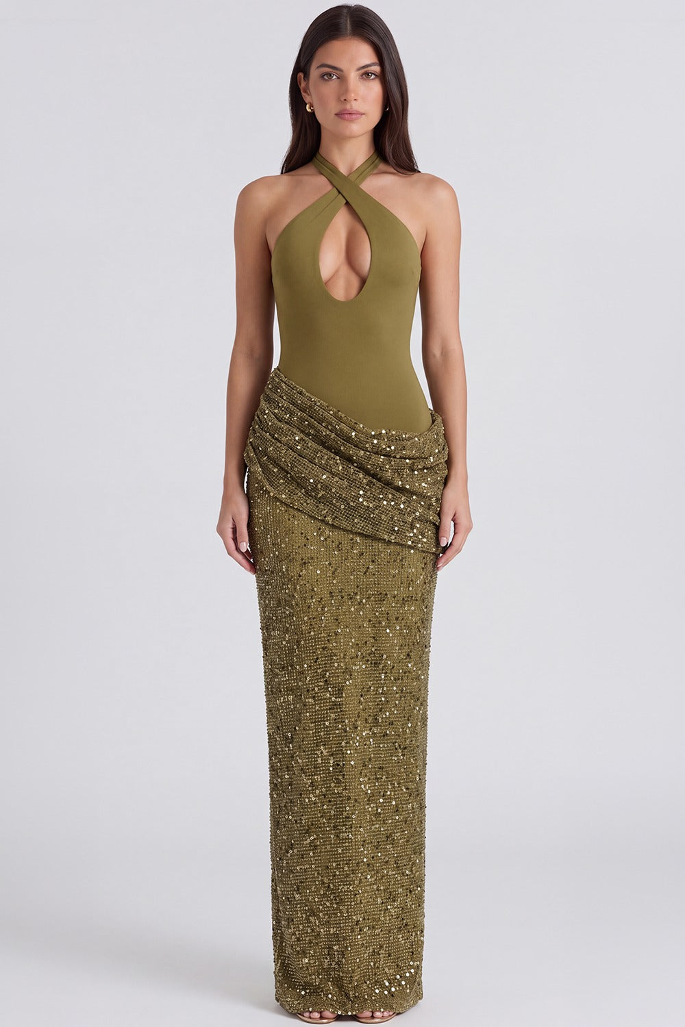 Vestido Longo Paetê Romy - Verde Oliva