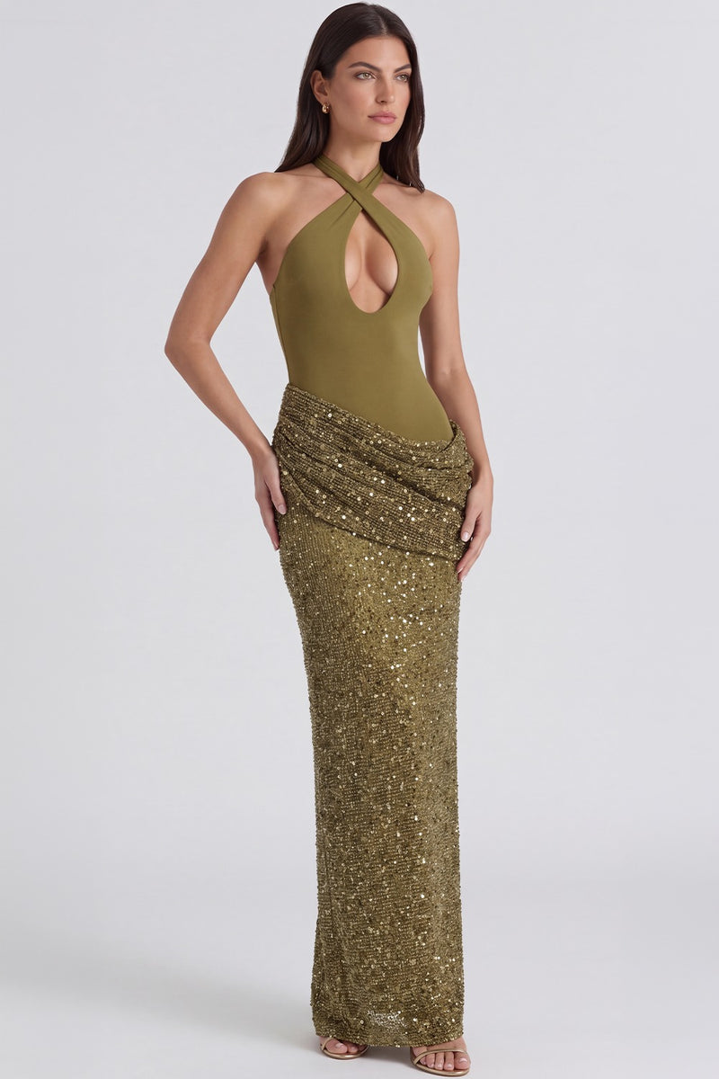 Vestido Longo Paetê Romy - Verde Oliva